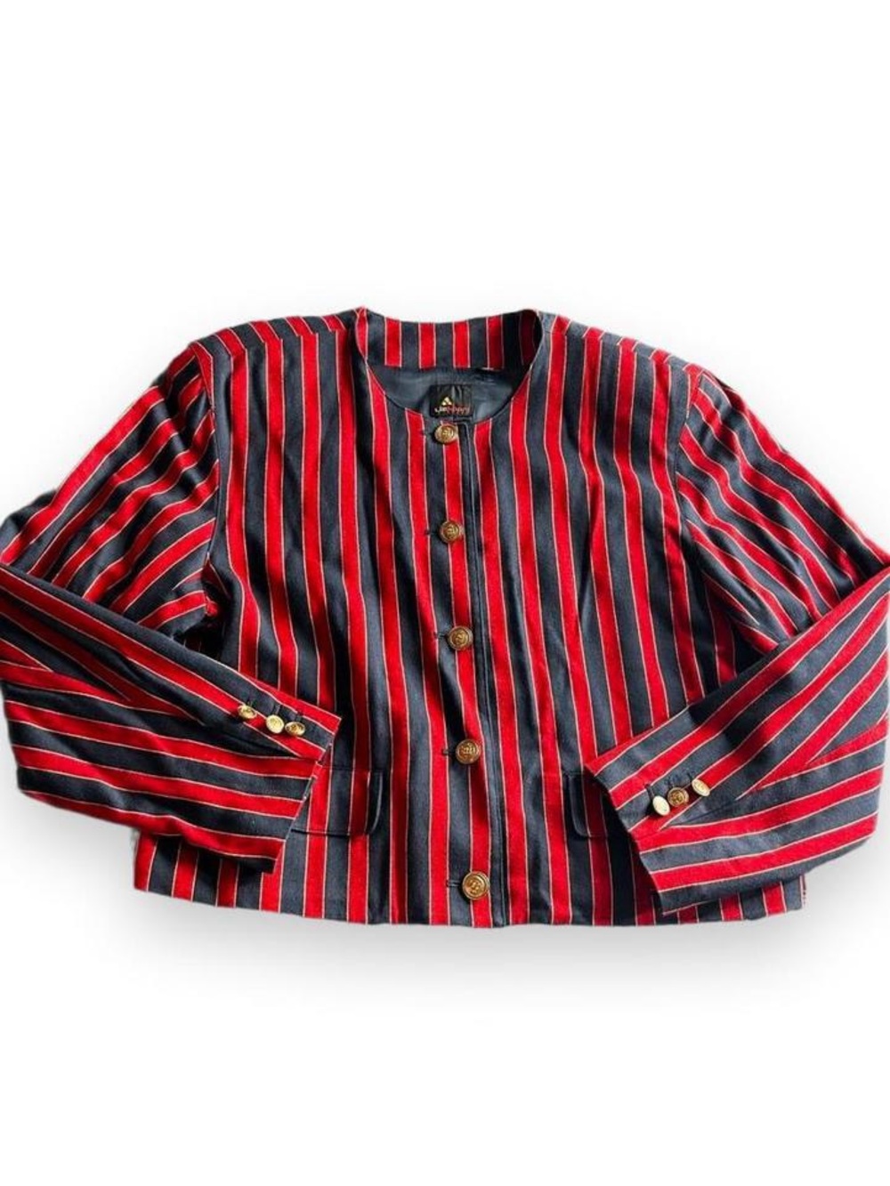 Liz Sport cropped collarless bold 80s 90s jewel tones red navy striped blazer